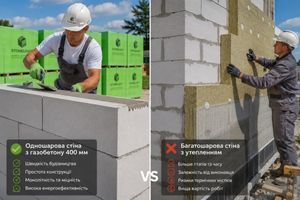 Переваги одношарових стін з газобетону шириною 375-400 мм порівняно зі стінами шириною 300 мм з утеплювачем фото